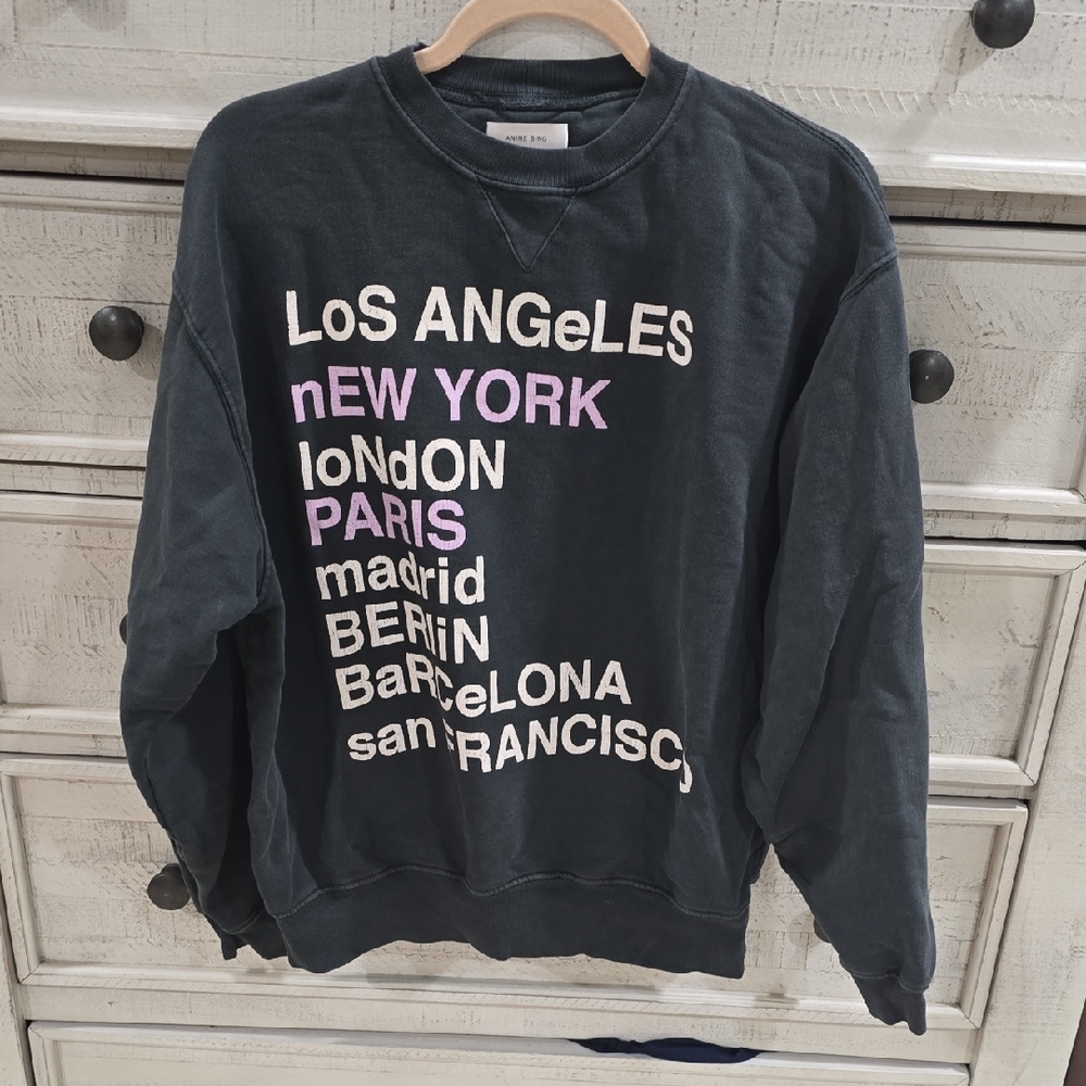 Anine Bing Black City-List Pullover Sweatshirt with Pink & White Print